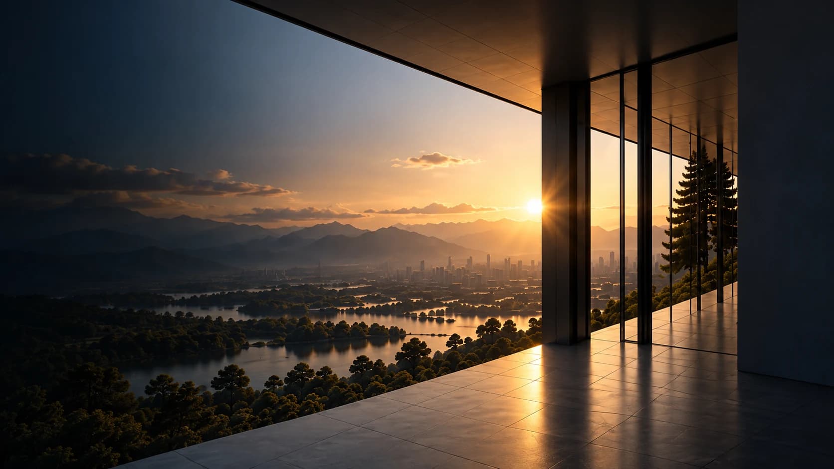 Illustrative architectural view across a mountain lake at sunset.