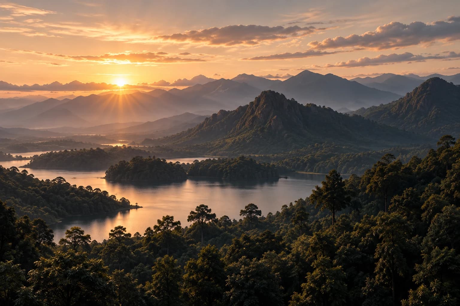 Illustrative wooded lake valley and mountain ridges at sunrise.