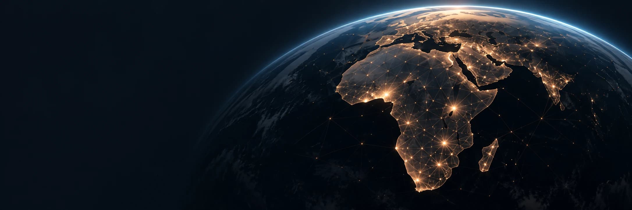 Conceptual globe centred on Africa. Network lines are illustrative.